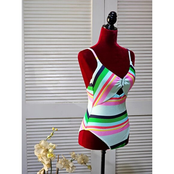 NWT Trina Turk Women's Deco Stripe High Leg Maillot One-Piece Swimsuit Sz 8 2588 - Picture 3 of 11